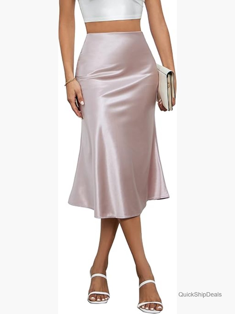 Womens Satin High Waisted Midi Maxi Skirt A-Line Elastic